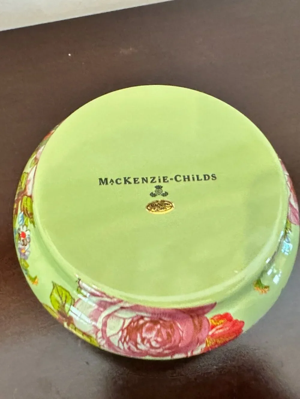 Mackenzie Child Green Flower Market Squashed Enamel Metal Pot Retired Blue Ring